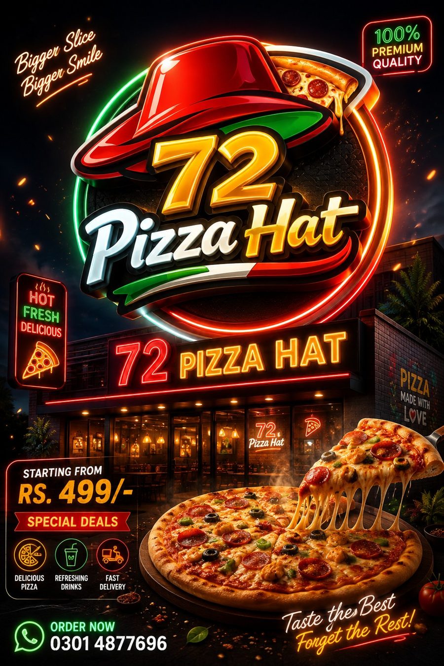 72 Pizza promotion featuring pizza and the restaurant logo